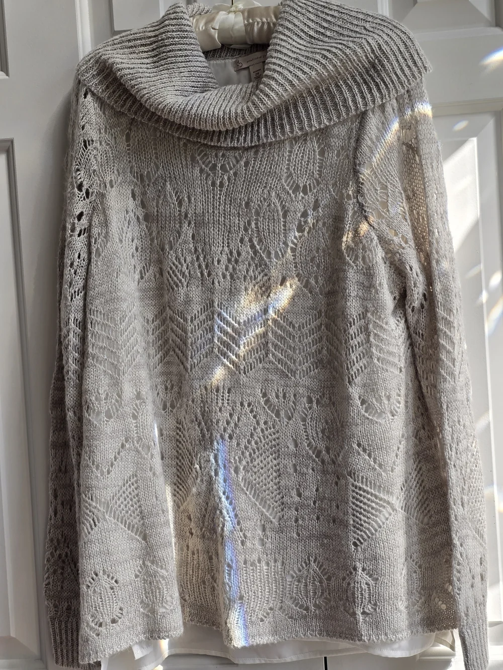 Open-Knit Cowl Neck Sweater - Silver/Gray